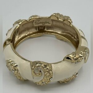 Sequin Creamy White and Gold Enamel Hinged Bangle Bracelet